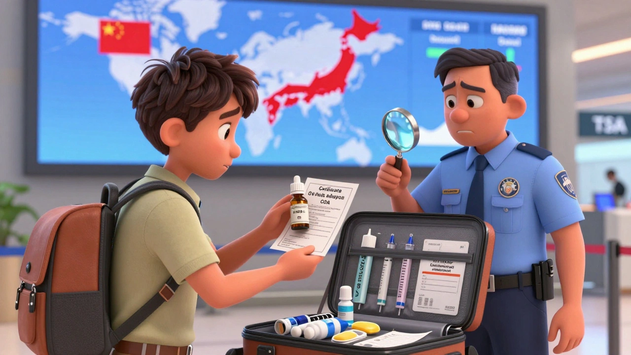A traveler showing a CBD oil COA to a TSA officer, with a global map indicating restricted countries in the background.