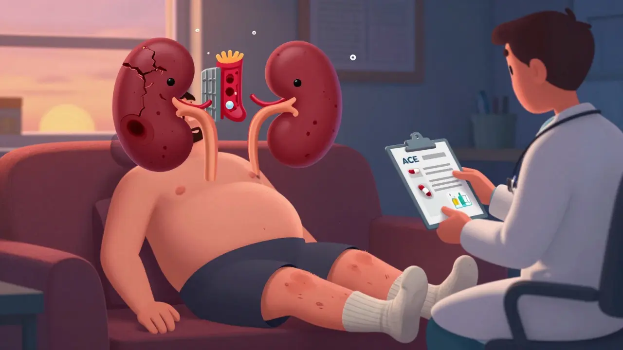 Adult with edema, medical symbols floating above, holding prescription and dipstick