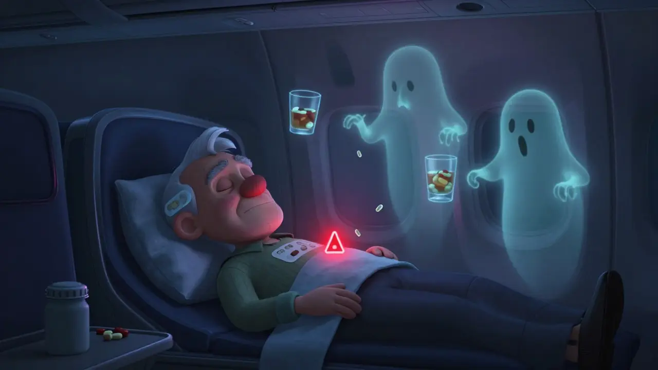 An elderly passenger sleeps on an airplane with ghostly sedative pills and alcohol glasses hovering nearby, casting ominous shadows.