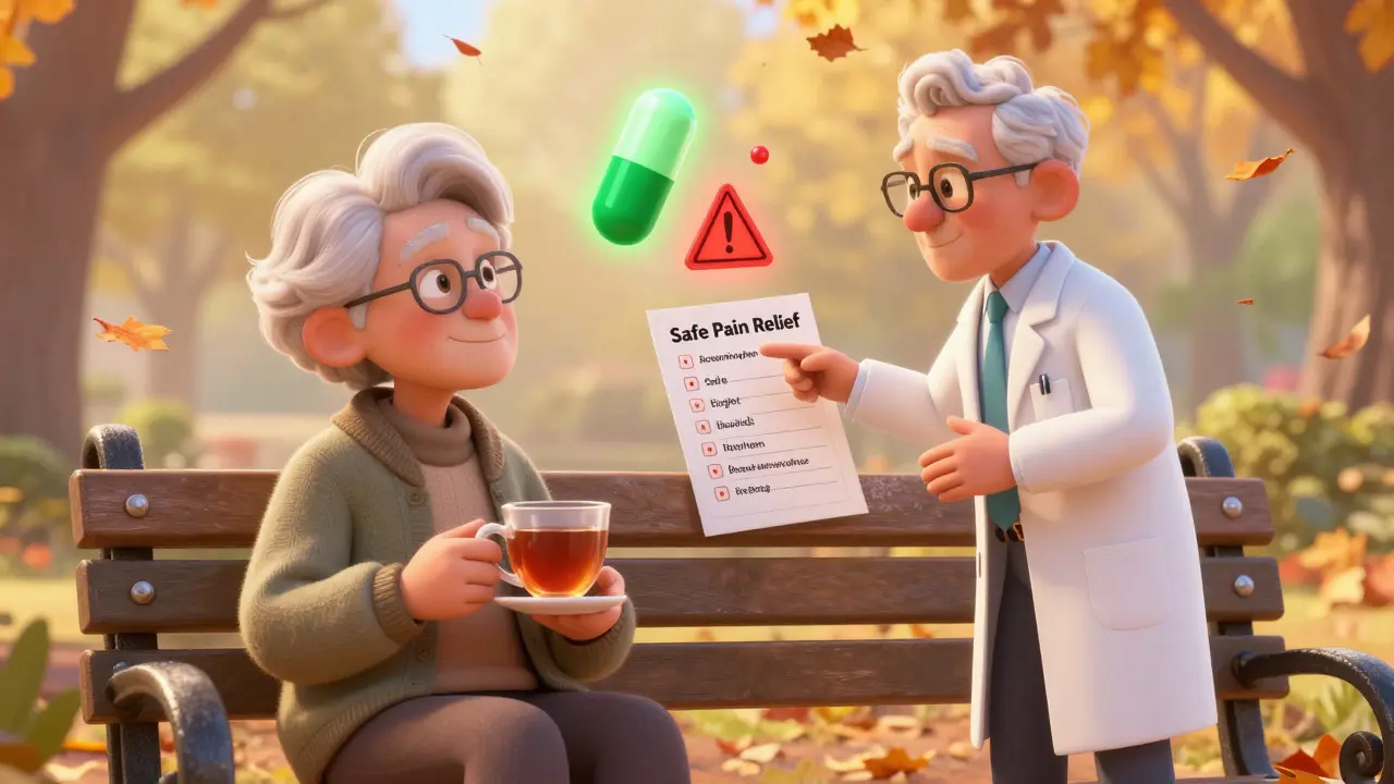 An elderly person on a bench with safe and unsafe pain reliever capsules glowing above.