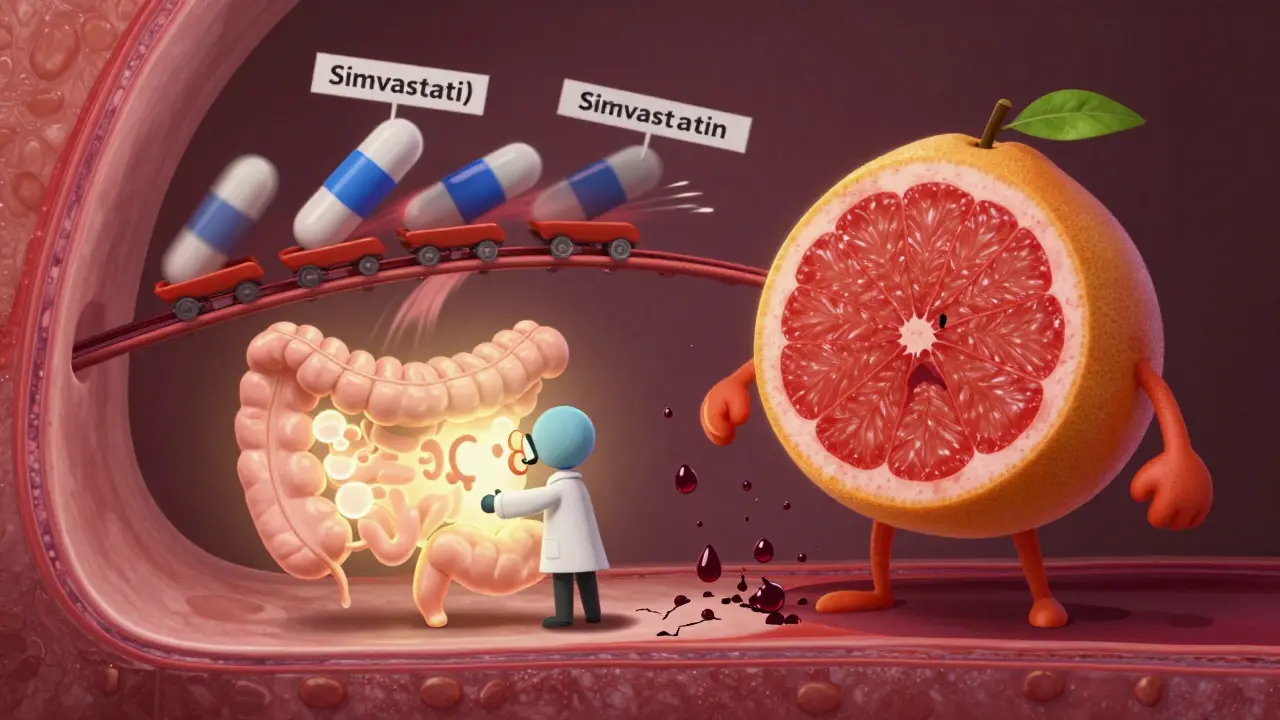 Cartoon human body showing grapefruit chemicals disabling a gut enzyme and causing statin overload and muscle damage.