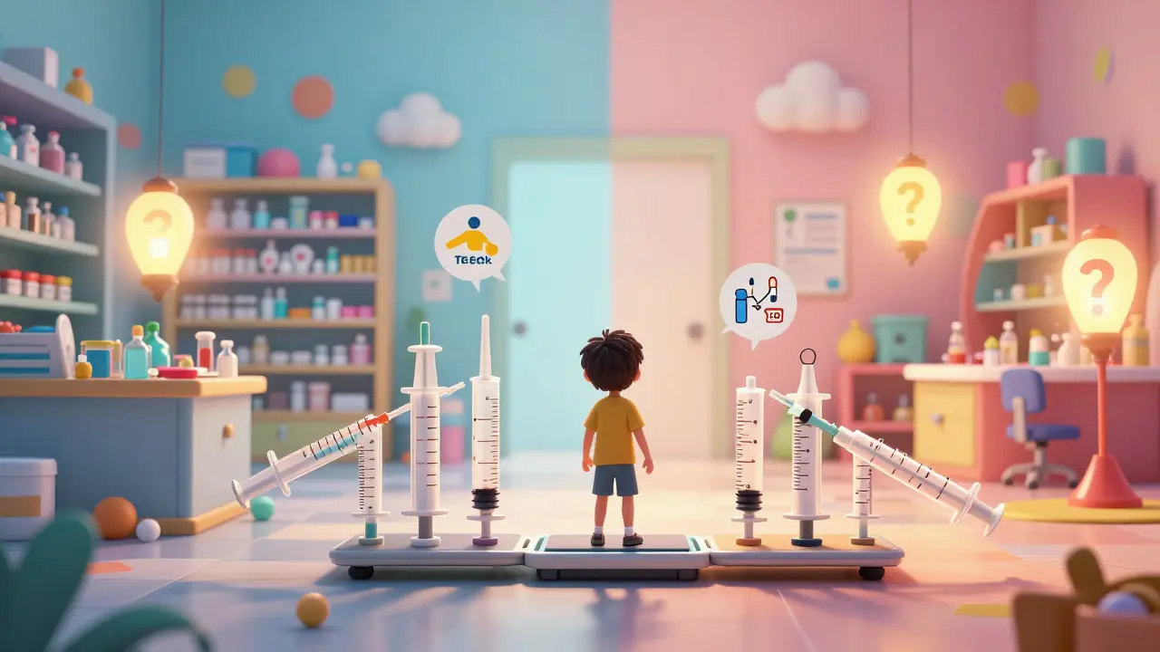 Child standing on a scale-bridge leading from adult pharmacy to child-safe medical hub with glowing safety icons.