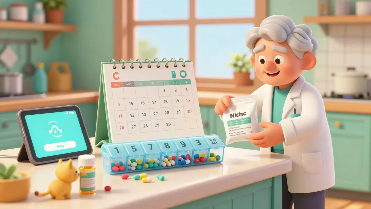 Colorful pill organizer and digital app on kitchen counter, pharmacist handing over synced prescriptions.