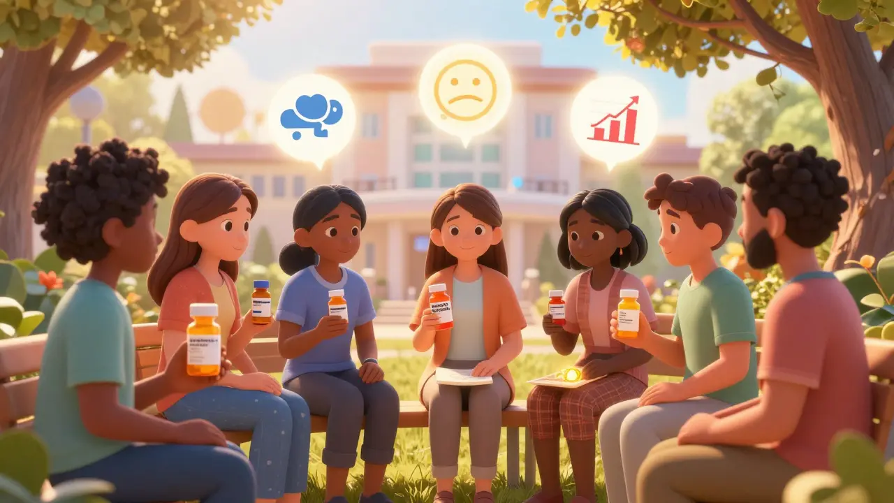 Diverse patients under a healing tree, holding pill bottles with brand and authorized generic labels, glowing icons of stability above them.