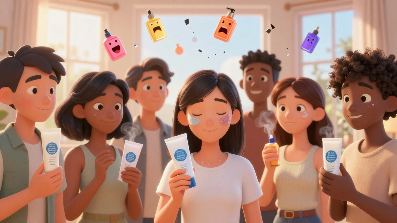 Diverse people smiling with calm, glowing skin, holding certified fragrance-free products as perfume bottles crumble in the background.