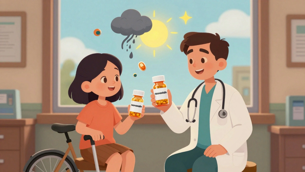 Doctor and patient comparing statin pills with contrasting light and dark effects.