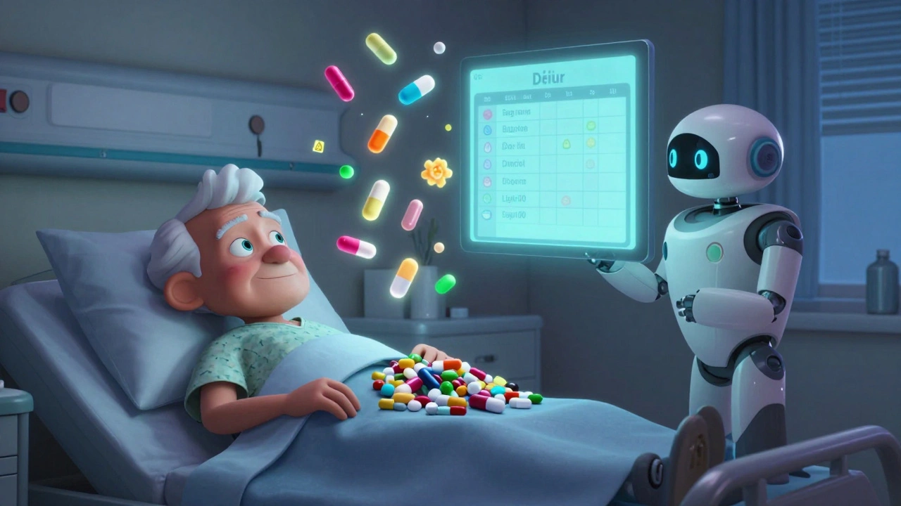 Elderly patient with floating pills and an AI helper showing a clear medication schedule.