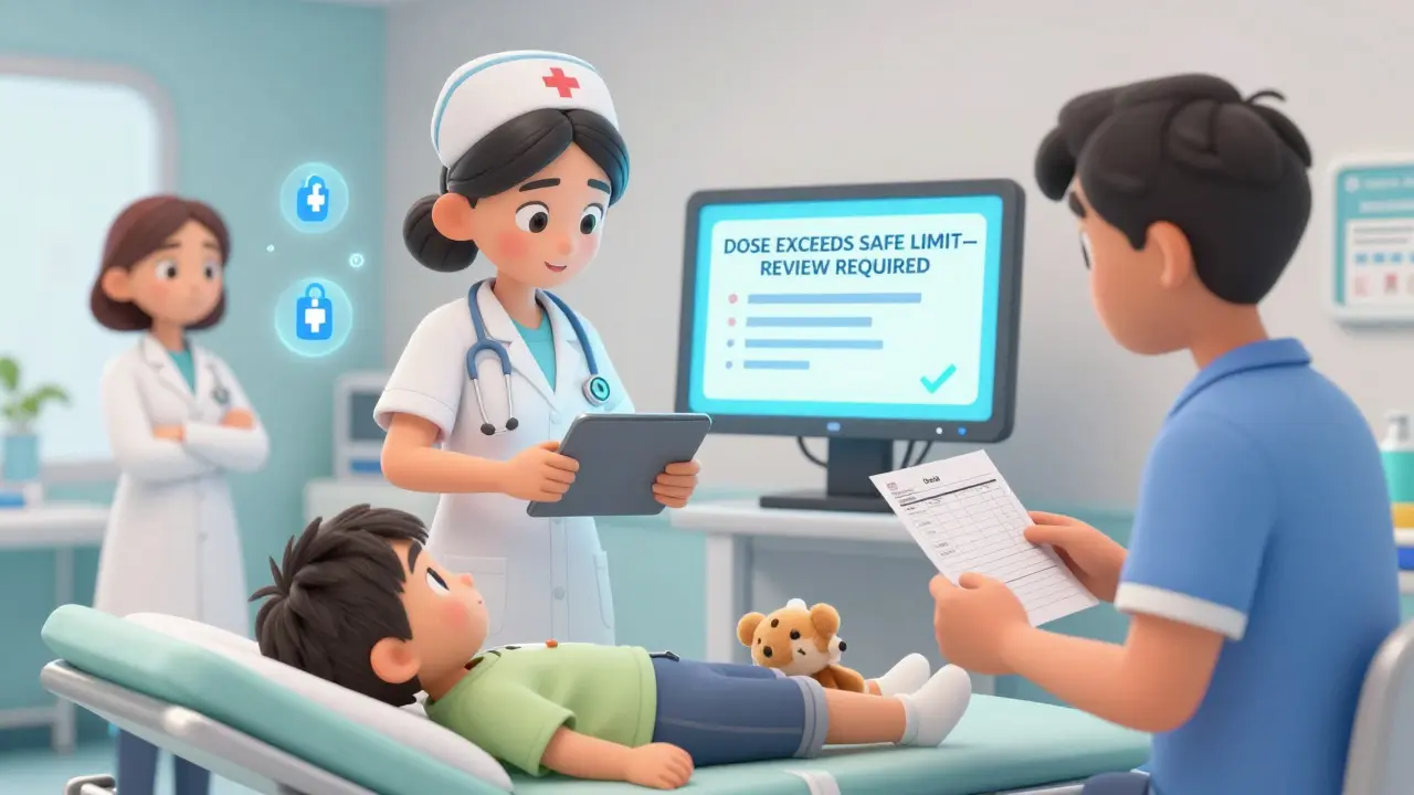Emergency room staff reviewing a child's dosage on a tablet with a warning alert, parent watching closely.