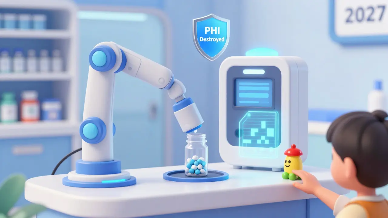 Futuristic pharmacy kiosk automatically destroying a pill bottle with holographic privacy shield.