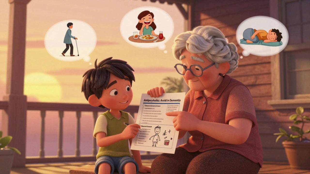 Grandparent and grandchild reviewing Beers Criteria checklist on a sunny porch.