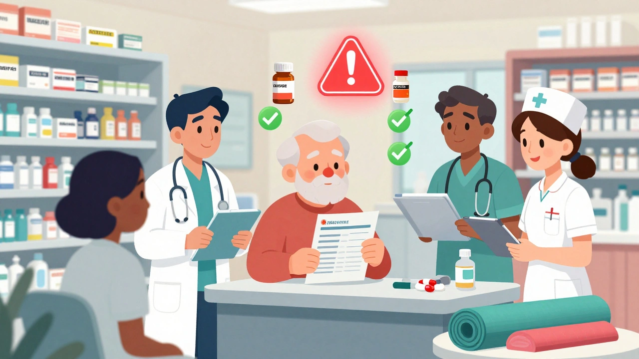 Healthcare team reviewing medication chart with warning icons and safer options in a pharmacy.