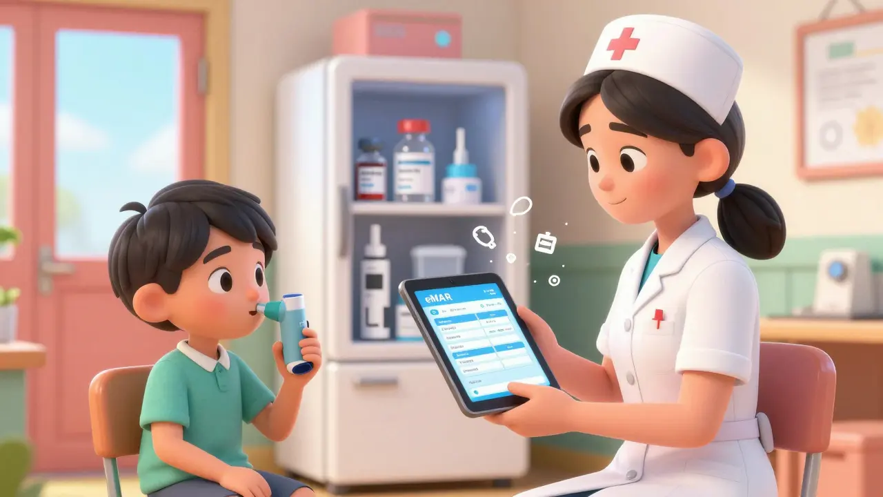 Nurse logs medicine administration on tablet as child holds inhaler