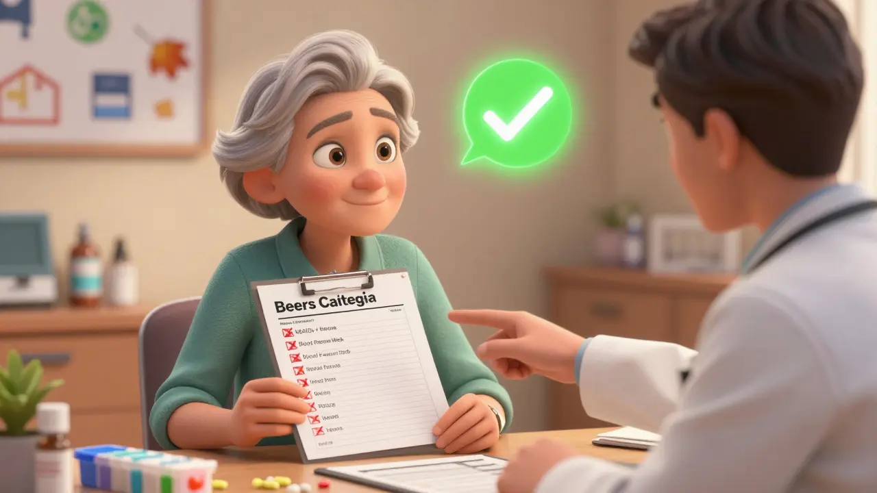 Older adult in doctor's office with simplified medication plan, red flags crossed out, feeling relieved.
