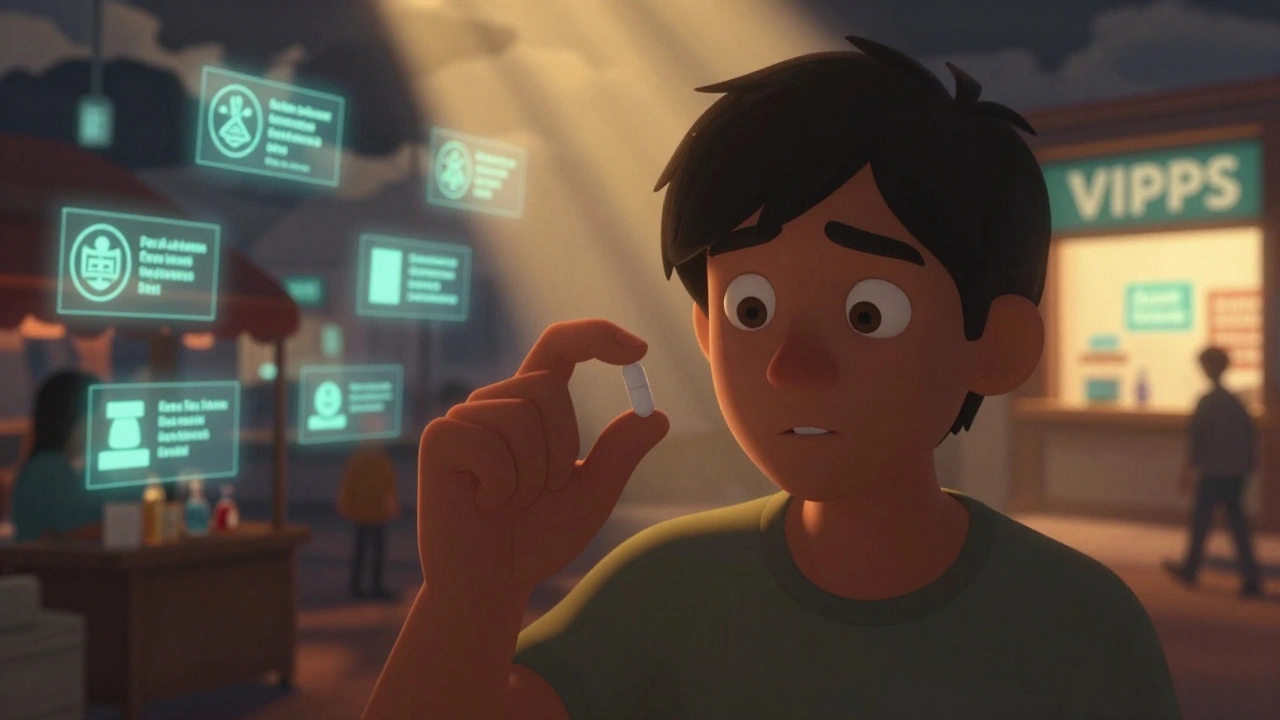 Person holding a fake pill while shadowy online pharmacies loom behind them.