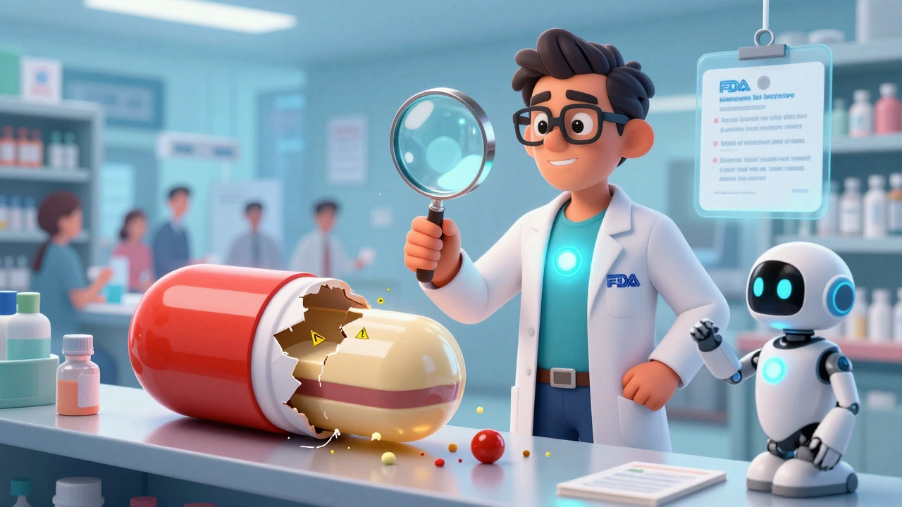 Pharmacist as hero magnifying a cracked generic pill revealing internal flaws, FDA badge shining, AI robot scanning reports.