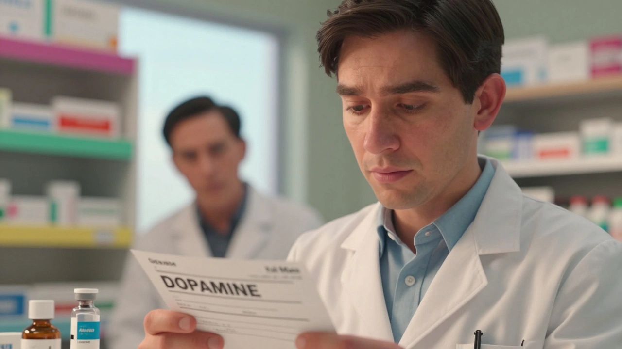 Pharmacist carefully examining a medication vial with clearly highlighted Tall Man Lettering on the label.