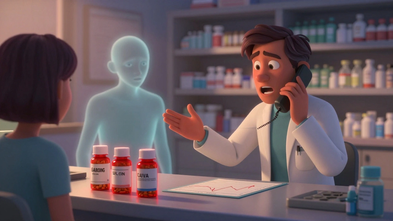 Pharmacist on phone with doctor, pointing to chart with rising TSH levels, warning pills glowing red on counter.