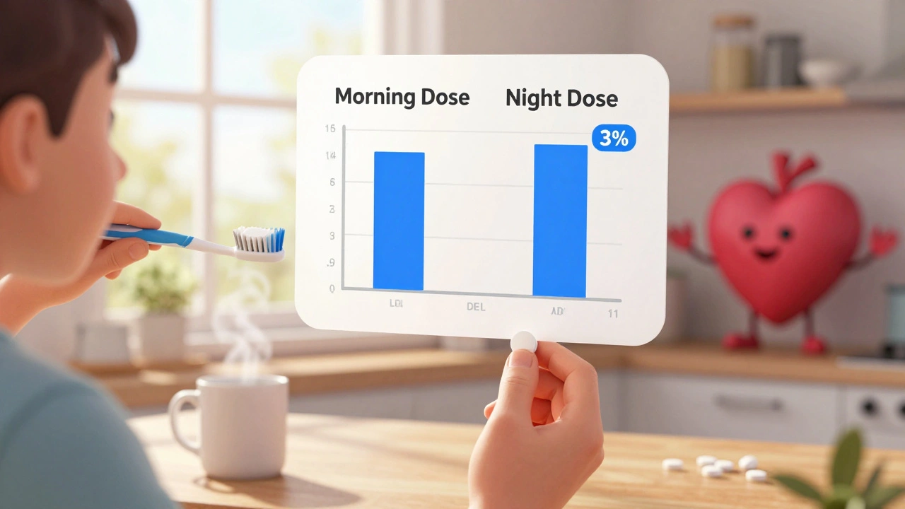 Someone taking a statin pill during morning routine with coffee and sunlight, cartoon cholesterol bars floating nearby.