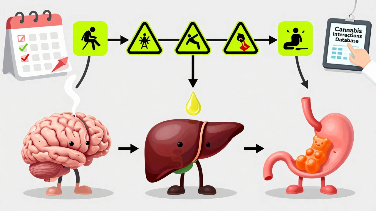 Three cannabis delivery methods causing warning icons to appear in the body, with medical checkmarks and a doctor pointing to a database.