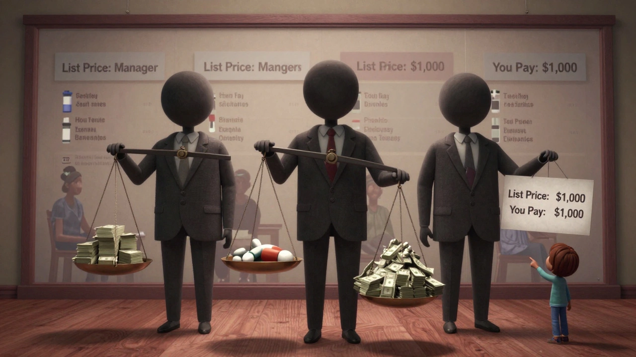 Three corporate figures made of money hold a scale balancing a pill against a mountain of cash, with patients in the background.