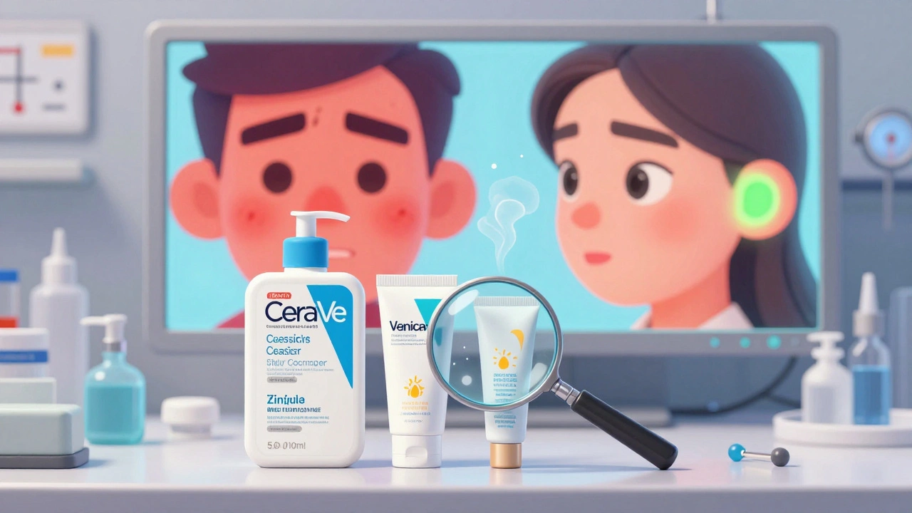 Three skincare products on a lab bench under a magnifying glass, revealing invisible fragrance molecules disappearing.