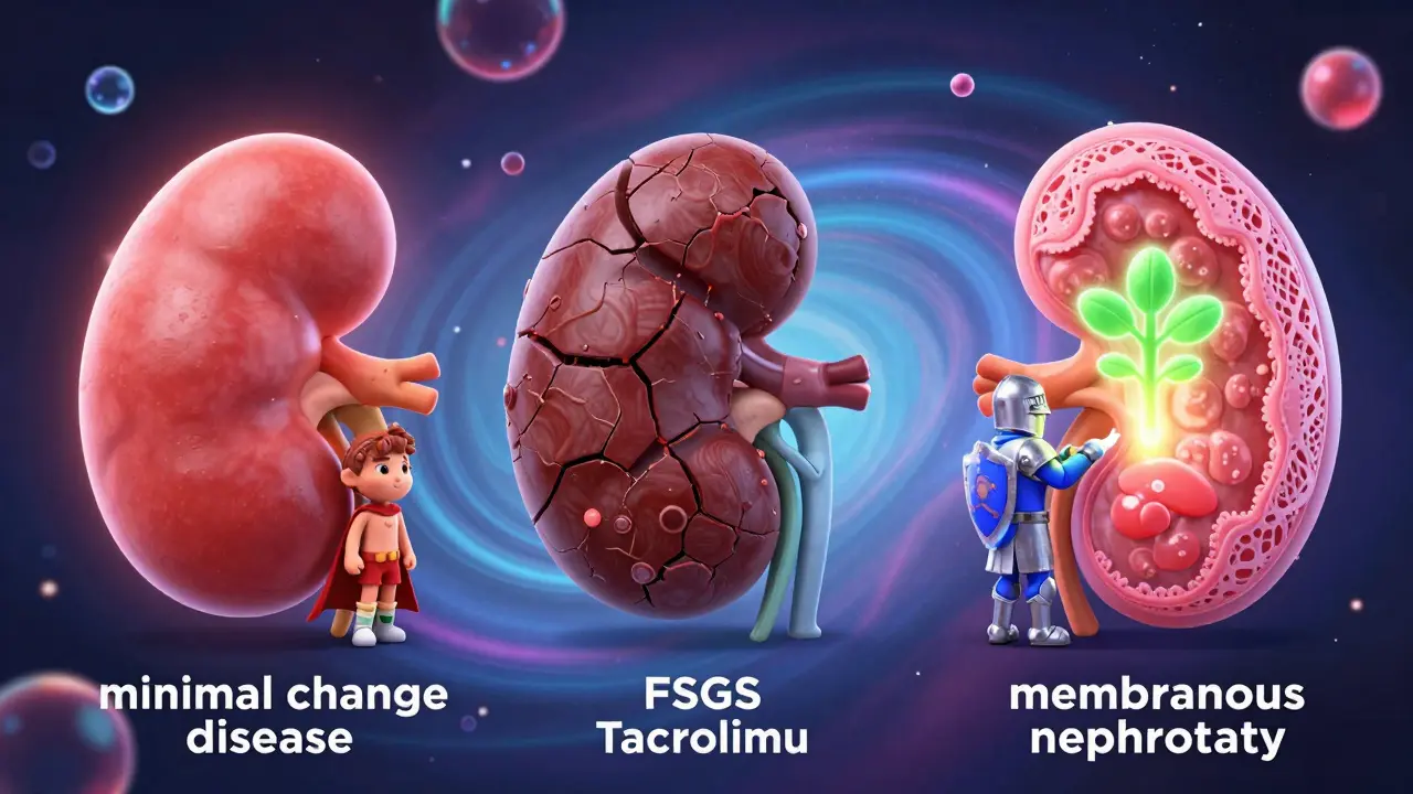 Three stylized kidneys being treated by animated medical heroes in a cosmic scene