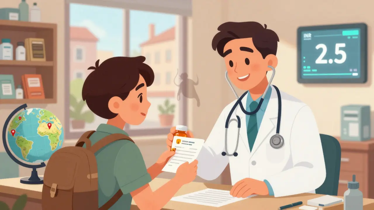 Traveler being examined in foreign clinic with INR reading visible on screen.
