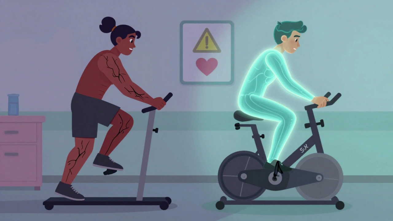 Two figures: one in intense pain from HIIT, another calm while cycling steadily.