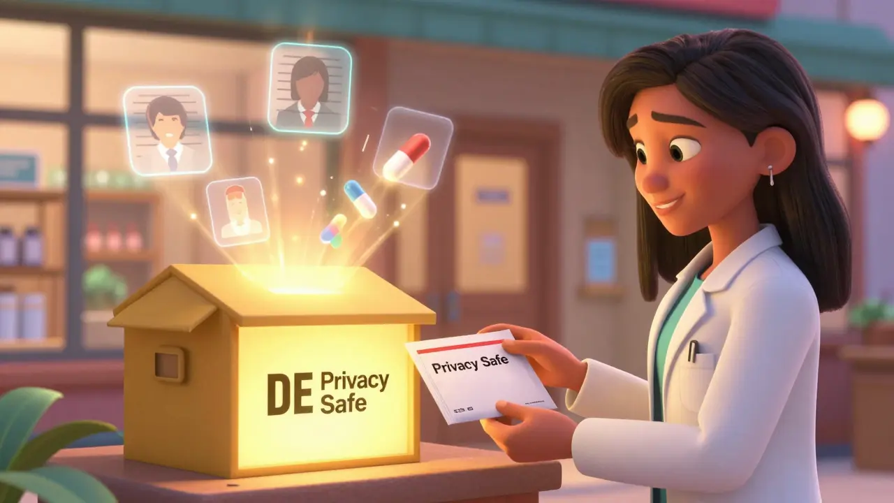 Woman receiving a private mail-back envelope from a pharmacist at a pharmacy drop-off box.