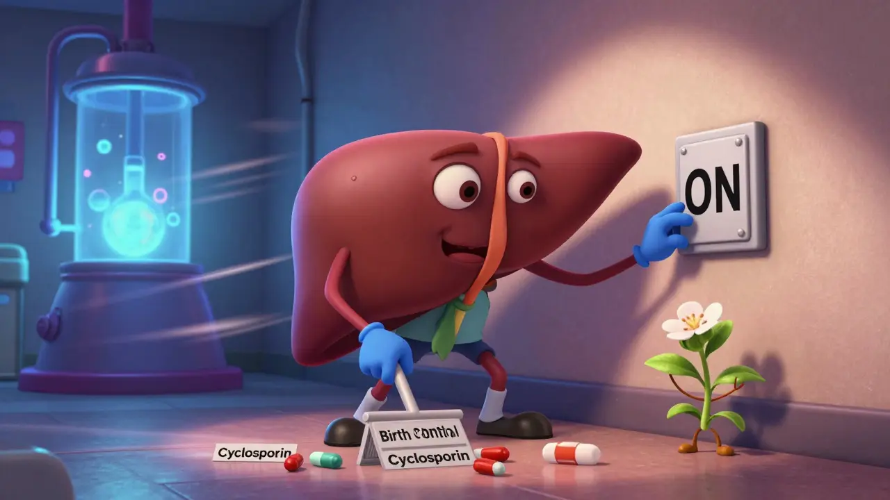 A cartoon liver with enzyme janitors sweeping away medications triggered by St. John’s Wort.