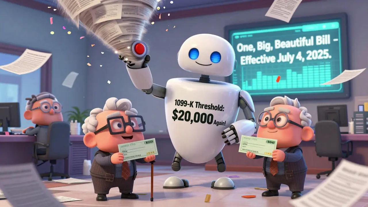 A cheerful IRS robot flips a switch lowering tax reporting thresholds while retirees celebrate savings.