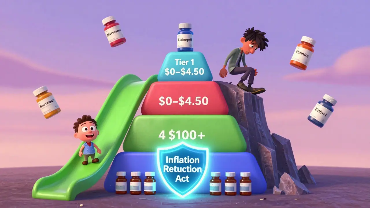 A colorful tiered pyramid showing low-cost generics at the bottom and expensive brand drugs at the top.