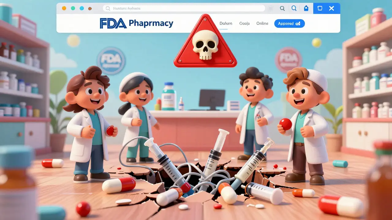 A deceptive online pharmacy with fake badges, hiding dangerous pills and fentanyl syringes beneath its cheerful surface.