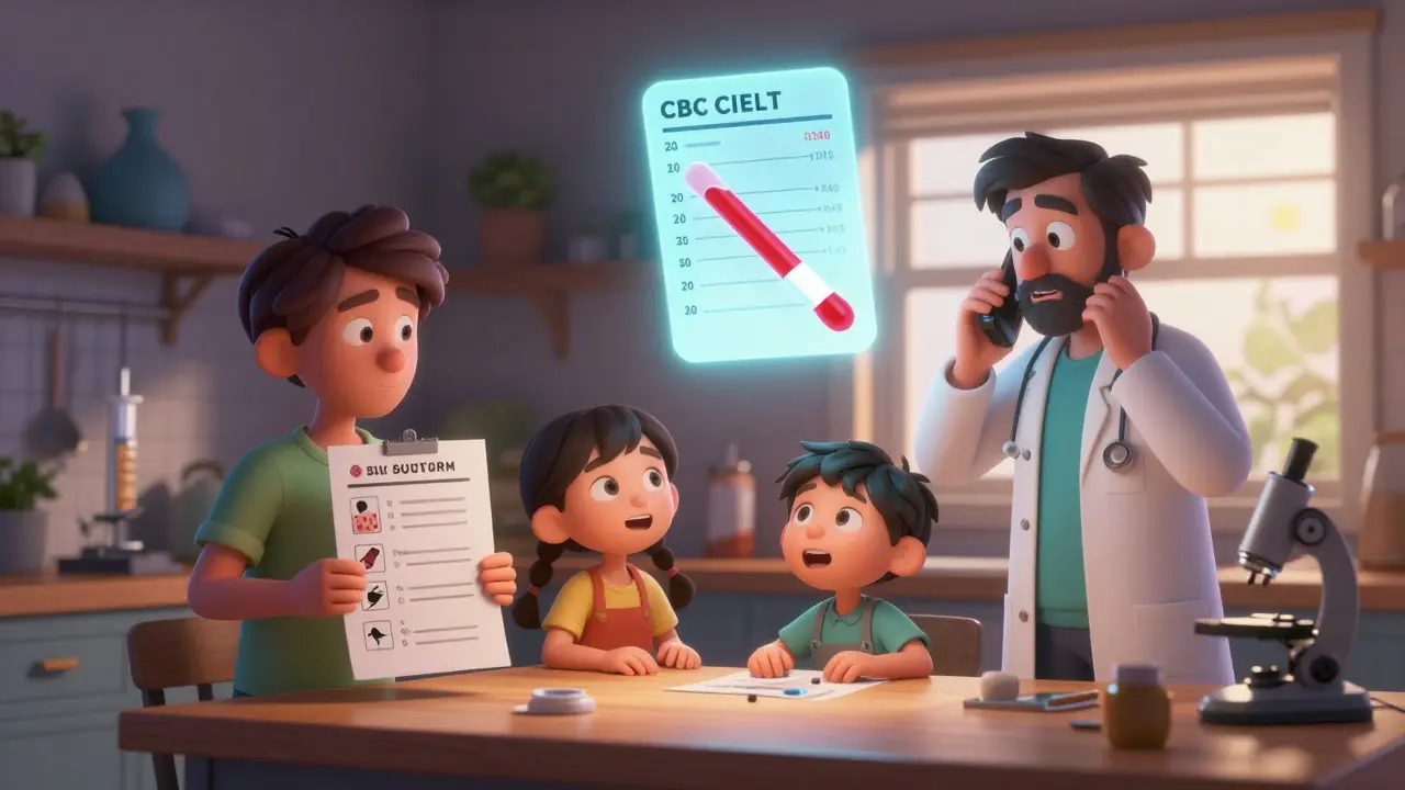 A family discussing symptoms with a checklist and a floating blood test result showing low counts.