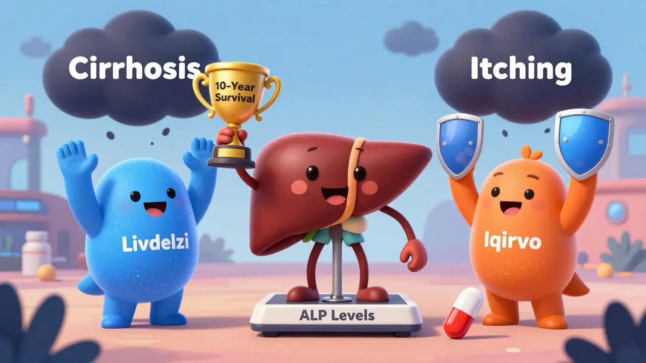 A friendly liver character holds a survival trophy while new drugs defend against cirrhosis and itching clouds.
