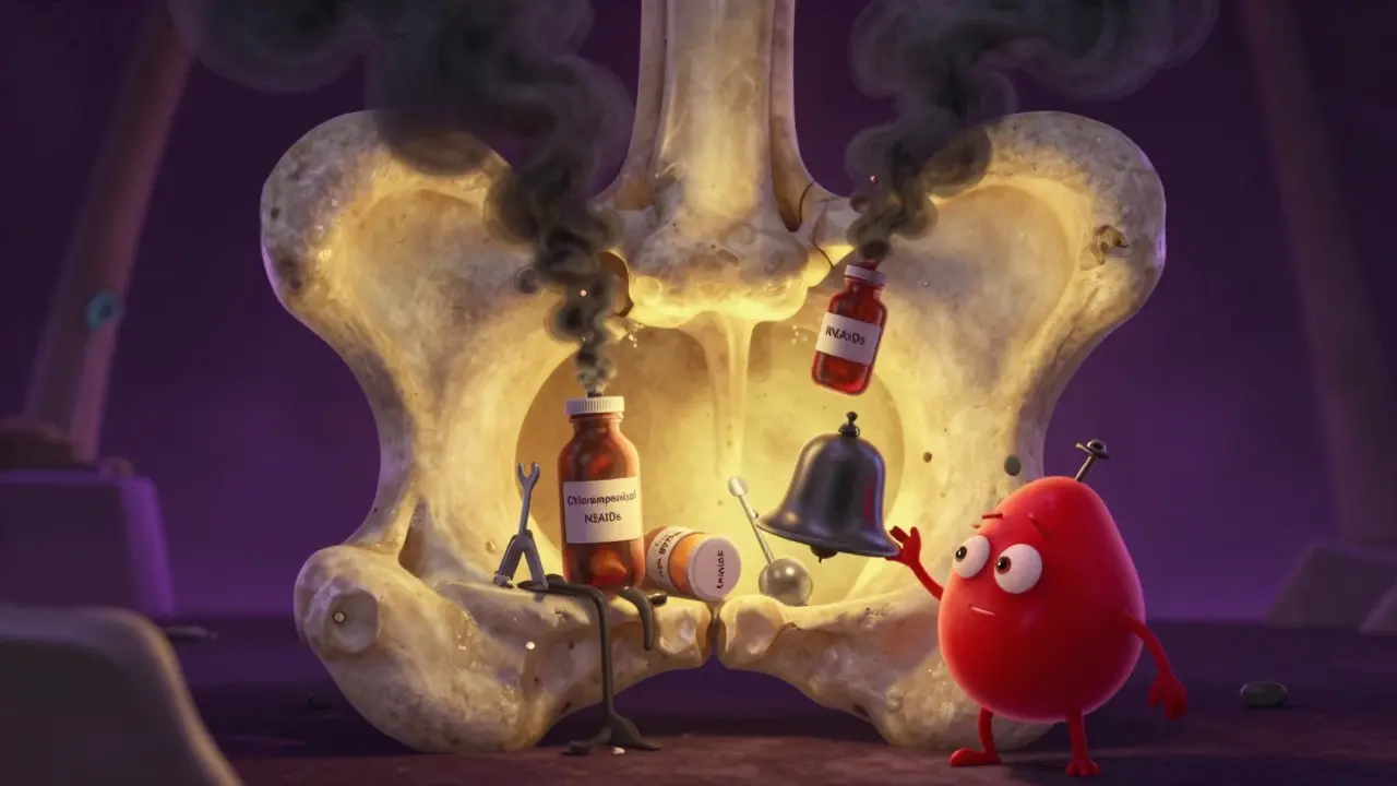 A glowing bone marrow factory under attack by toxic smoke from medication bottles, with collapsing worker cells.