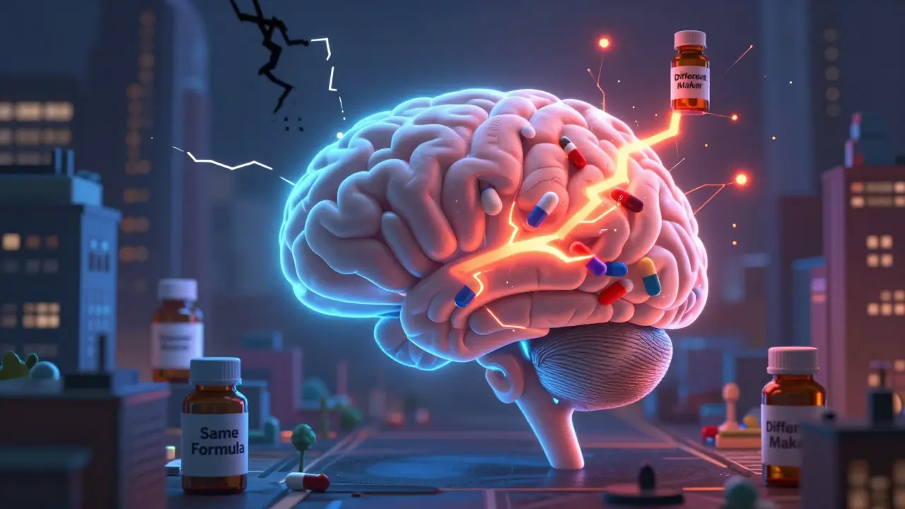 A glowing brain city is calm on one side, stormy on the other, representing consistent vs. switched antiseizure meds.