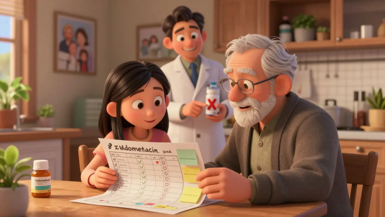 A granddaughter and grandfather reviewing medication charts together with a pharmacist at the kitchen table.