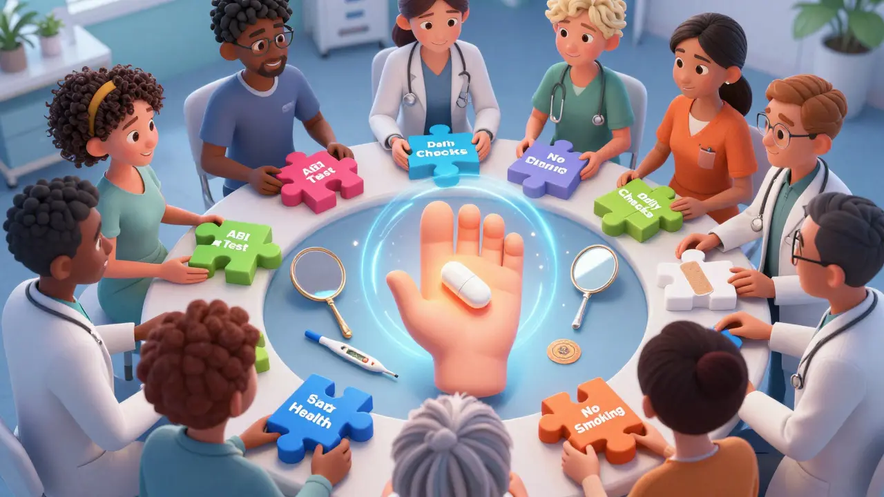 A group holding foot-shaped puzzle pieces forming a safe foot health mosaic with a pill in the center.