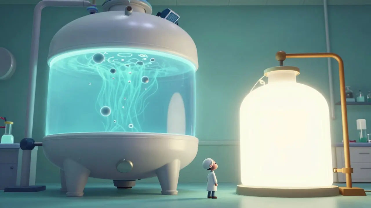 A large industrial bioreactor dwarfs a small lab reactor as uneven bubbles distort the protein inside.