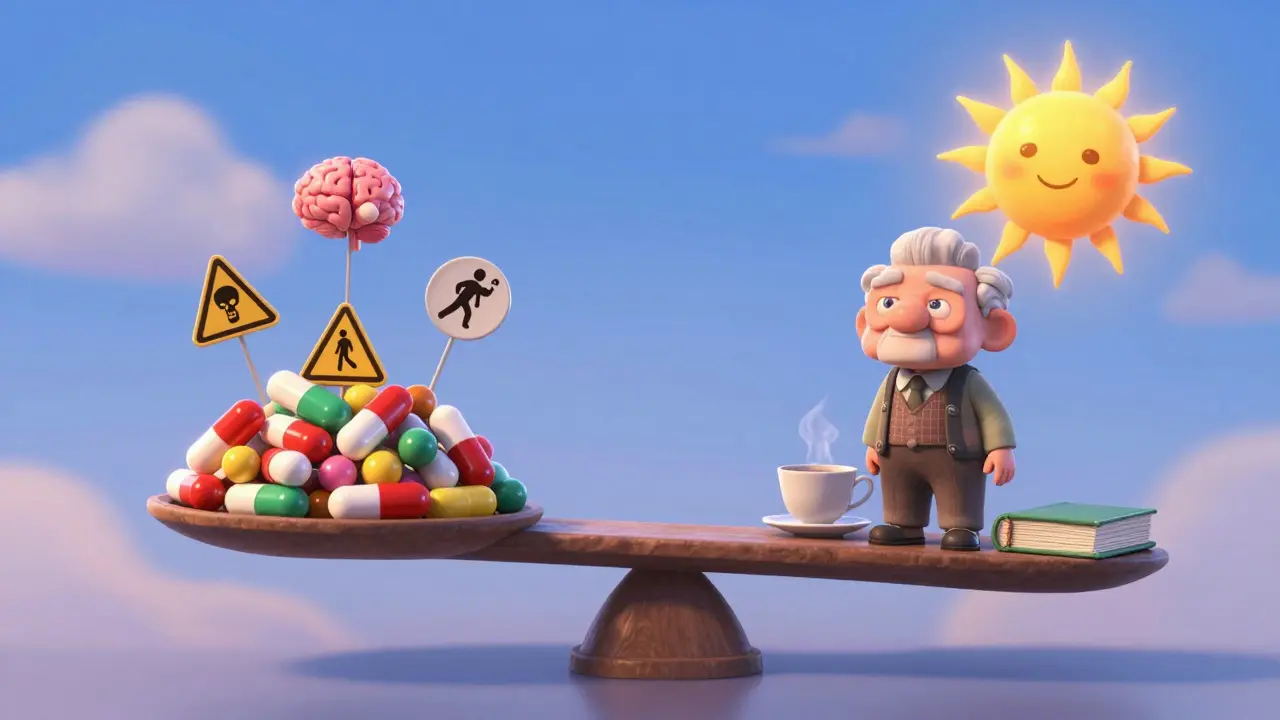 A magical scale balancing dangerous pills against healthy alternatives, with an elderly person standing safely on the right side.
