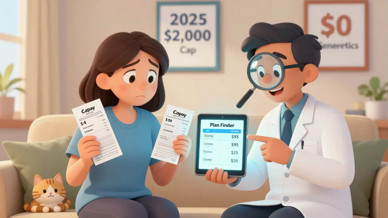 A patient comparing prescription costs with a counselor using a tablet showing savings options.