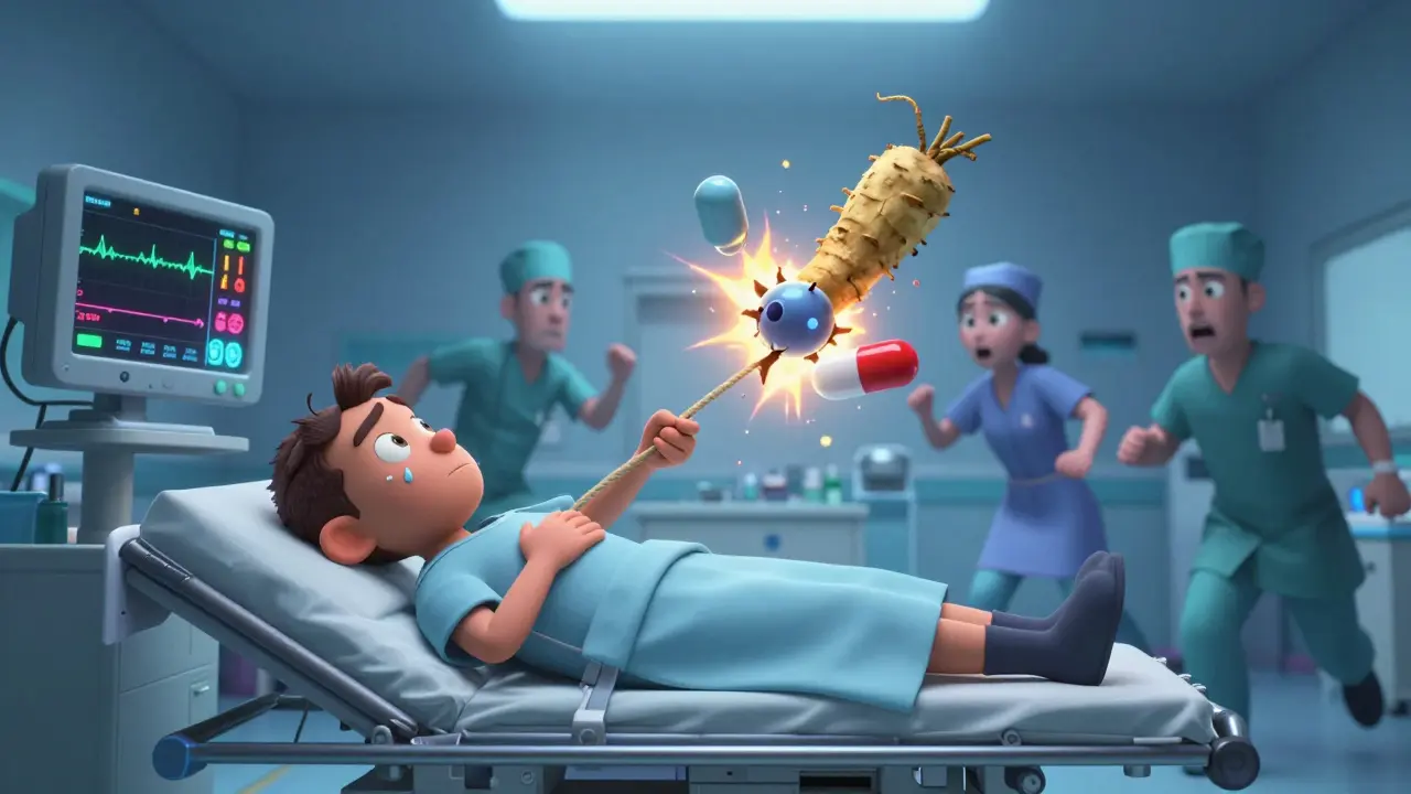 A patient in an ER with medical monitors showing dangerous vital signs, rhodiola and pills in conflict.