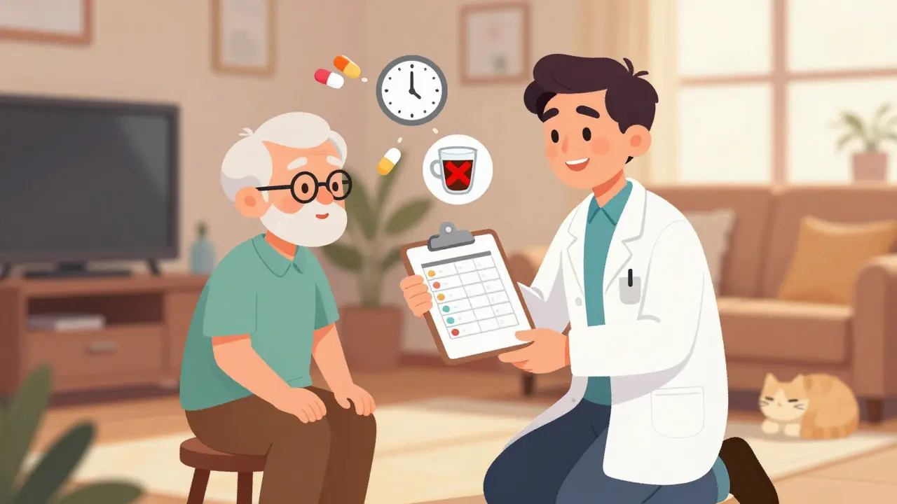 A pharmacist and older man reviewing a simplified medication schedule in a living room, with icons showing reduced doses and timing changes.