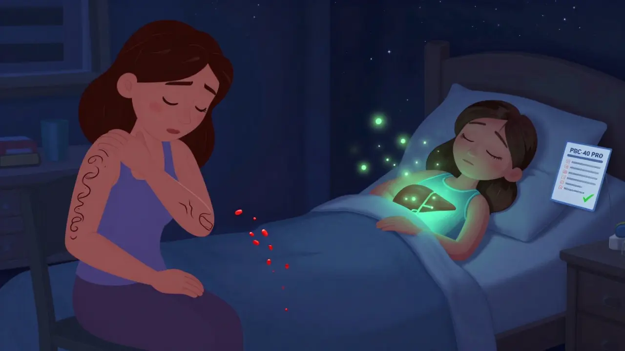 A woman sleeps peacefully at night with glowing treatment pills as fireflies, contrasting her earlier itchy struggle.