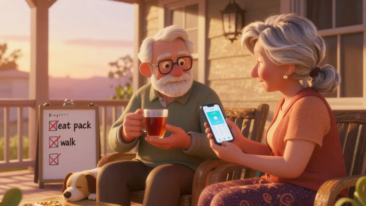 An elderly couple on a porch, using an app and choosing non-drug therapies like heat and walking.