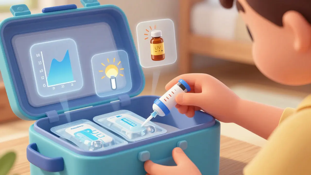 Child placing epinephrine injector into portable cooler with ice packs.