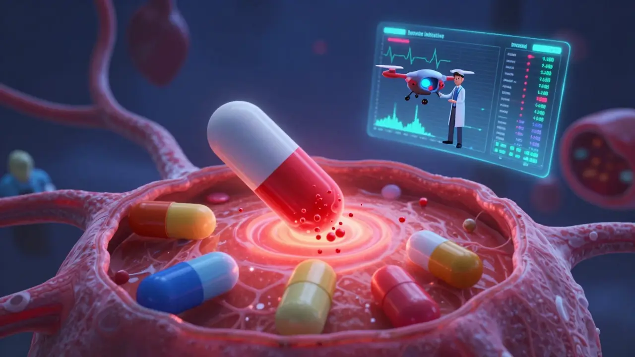Colorful pills floating through a glowing human body, one releasing red particles as an FDA agent monitors signals.