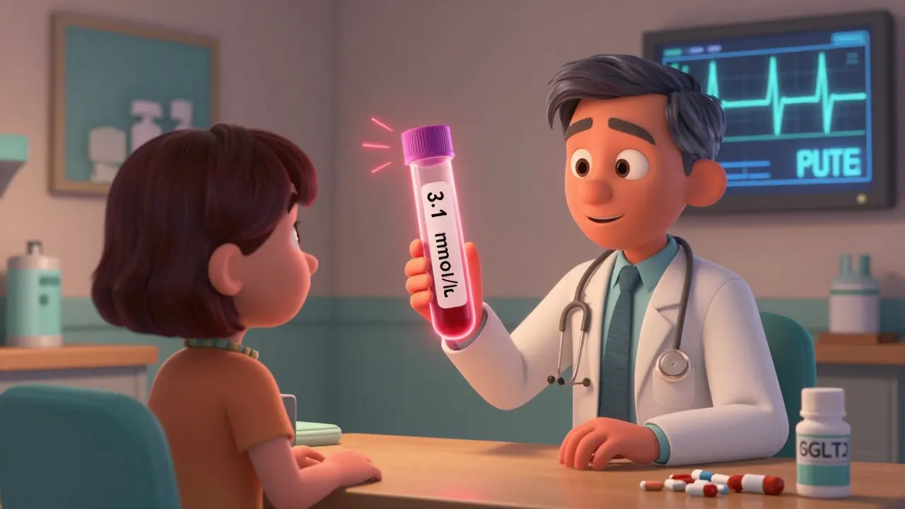 Doctor and patient holding a blood test with low potassium levels, warning rays glowing.