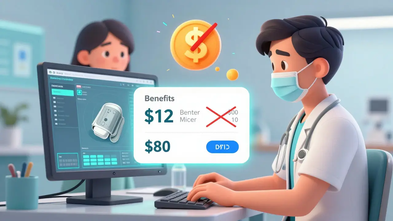 Doctor using EHR tool to see real drug cost, patient smiling with relief.